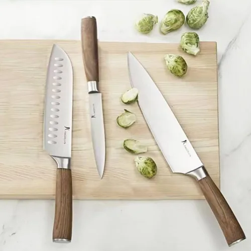 Miniatura 4 de kangdelun Ultra Sharp - Juego de cuchillos de chef de 4 piezas, acero inoxidable de alto carbono, asas de madera de fresno marrón torreficado, caja