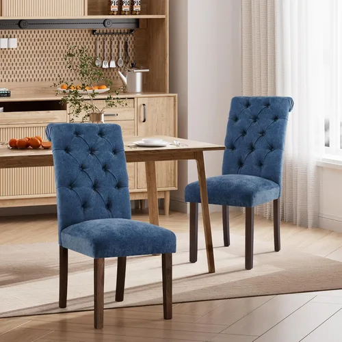Miniatura 20 de Juego de 2 sillas de comedor, tapizadas Parsons con botones y patas de madera maciza, sillas de cocina de tela moderna para comedor, color beige