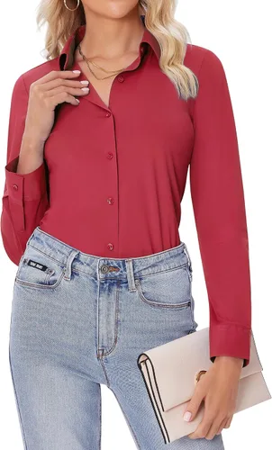Miniatura 13 de siliteelon Camisas con botones para mujer, ajustadas, de manga larga, elásticas, de vestir, camisas de trabajo, sin arrugas, blusas de oficina