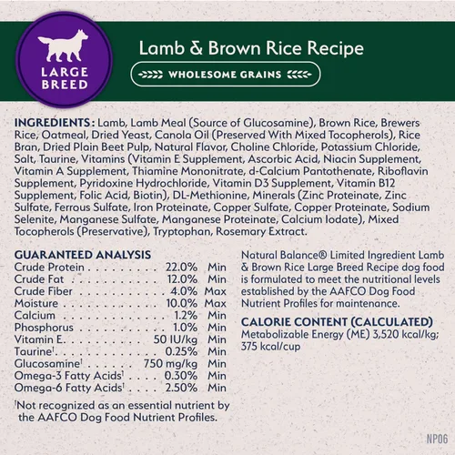 Miniatura 8 de Natural Balance - Comida seca para perros de raza grande con ingredientes limitados, fórmula de granos saludables, cordero y arroz moreno, 12 libras