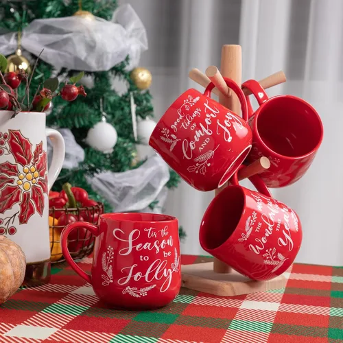 Miniatura 3 de Juego de tazas de café navideñas de cerámica LEHAHA, juego de 6 tazas de 16 onzas para las fiestas, tazas de café para festivales con saludos