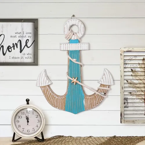 Miniatura 6 de Asense Arte para colgar en la pared, ancla de madera con cuerda, decoración de pared temática náutica, decoración del hogar, temática de playa, 9.8