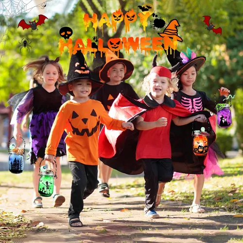 Miniatura 4 de Kit de manualidades de Halloween para niños, 4 tarros de vidrio con accesorios para tarro de farol de bricolaje, suministros de fiesta de arte