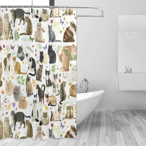 Miniatura 2 de Cortina de ducha de gato para baño con ganchos, lindo gatito colorido de dibujos animados con patas de mascotas para amantes de los gatos, regalo