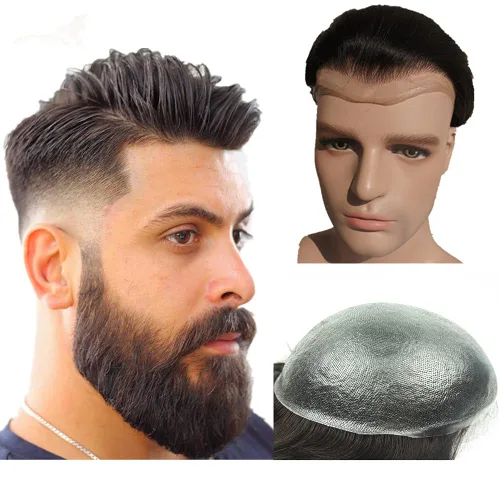 Miniatura 10 de N.L.W. Peluquín de cabello humano para hombres, base de piel fina de 0.04mm PU, tamaño base 25 x 20 cm, nudos en V, prótesis capilar, sistema