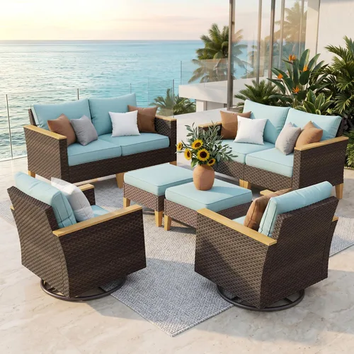 Miniatura 15 de PHI VILLA Otomana de mimbre para patio, 2 piezas, asiento otomano de mimbre para todo tipo de clima, reposapiés para exteriores con cojines