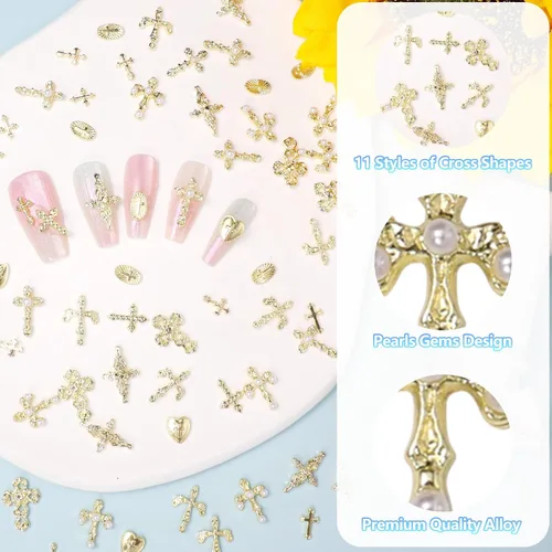 Miniatura 4 de 110 dijes de uñas de cruz dorada, dijes de gemas de uñas de cruces doradas, 11 estilos Y2K de aleación de cruz dorada brillante para suministros