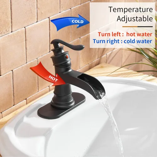 Miniatura 3 de BWE Grifo de baño en cascada negro mate con drenaje desplegable con placa de cubierta de una sola manija para tocador de 1 o 3 agujeros, grifo