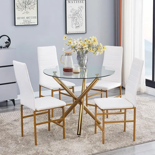 Miniatura 7 de Juego de comedor redondo de vidrio para 4 personas, mesa de comedor de vidrio compacta con sillas de piel sintética con patas doradas para espacios
