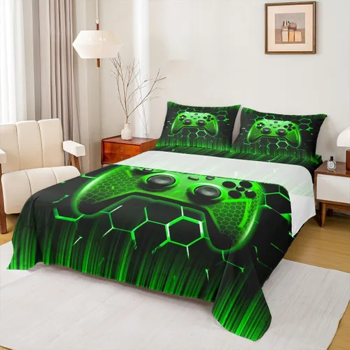 Miniatura 24 de Manfei Honeycomb - Juego de sábanas con diseño de mando de videojuegos tamaño Twin, juego de ropa de cama geométrica azul con controlador