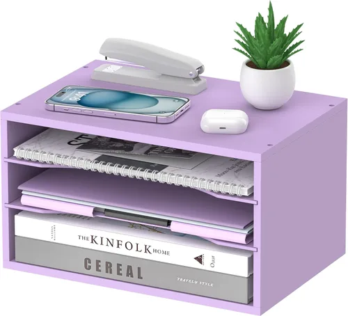 Miniatura 12 de Organizador de escritorio de madera de 5 niveles, organizador de bandeja de papel para escritorio con estantes de almacenamiento ajustables, Blanco