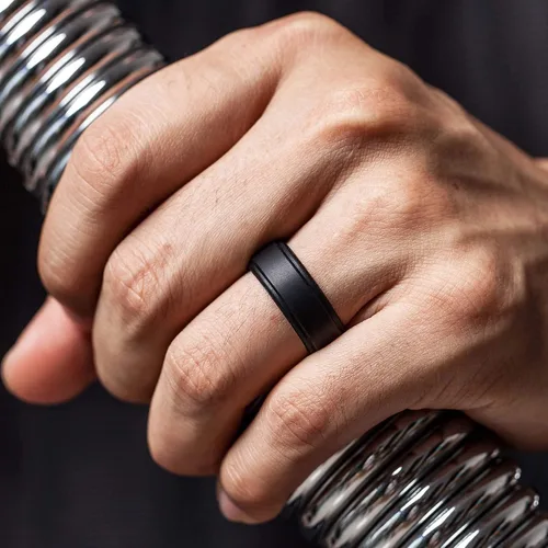 Miniatura 3 de ThunderFit Silicone Wedding Rings for Men - Step Edge Sleek Design Rubber Engagement Bands - 8mm Width - 2mm Thickness