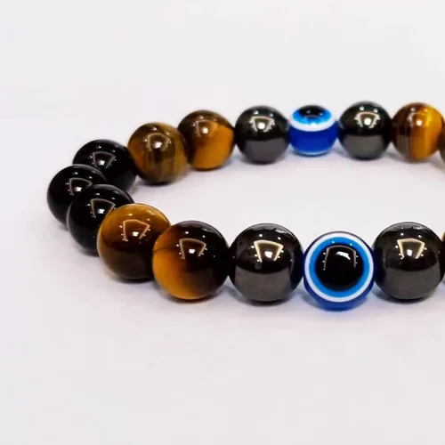Miniatura 3 de Pulseras de triple protección con piedra de ojo de tigre de obsidiana negra con hematita para hombres y mujeres, pulsera de piedra curativa