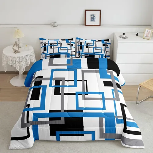 Miniatura 49 de Erosebridal Edredón Cuadrado para Niños y Niñas, Juego de Ropa de Cama Negro y Gris Blanco Azul Marino, Juego de Edredón Geométrico Completo