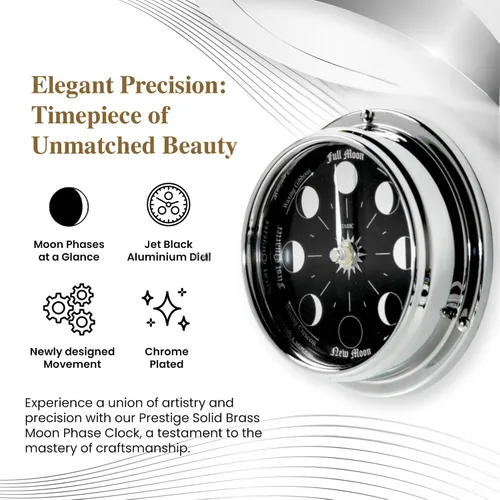 Miniatura 4 de Reloj de Pared de Fases Lunares Prestige Cromado Hecho a Mano - Elegante Reloj de Pared de Luna Llena con Esfera Negra Azabache, Aspecto Cromo