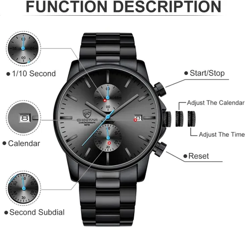 Miniatura 3 de Golden Hour Fashion Business Relojes para hombre con cronógrafo, a prueba de agua, de acero inoxidable, reloj de cuarzo con fecha automática