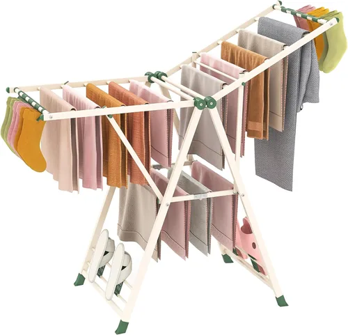 Giantex Tendedero de secado de ropa, plegable de metal con alas ajustables en altura, 16 rieles de secado, clips para calcetines y zapateros,