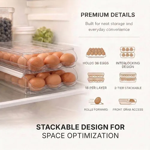 Miniatura 6 de Soporte para huevos para refrigerador con dispensador automático rodante, dispensador de huevos para refrigerador, organizador de huevos apilable