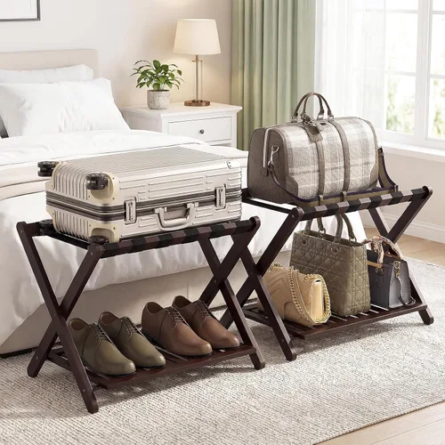 Juego de 2 portaequipajes de bambú, totalmente montado, para habitación de invitados, soporte plegable para maleta con estante para zapatos, soporte