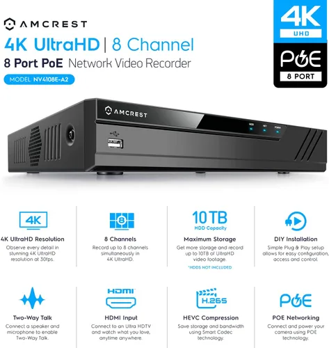 Miniatura 2 de Amcrest NV4108E-A2 4K 8CH POE NVR (1080p/3MP/4MP/5MP/8MP) Grabador de video en red POE - Soporta hasta 8 cámaras IP de 8MP/4K, alimentación a través