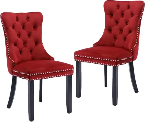 LKTART Juego de 2 sillas de comedor tapizadas de terciopelo con respaldo copetudo con ribete de cabeza de clavo y anillo trasero, patas de madera