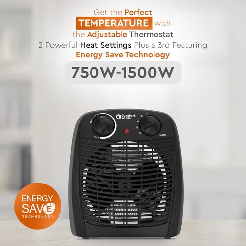 Miniatura 6 de Comfort Zone Calentador de espacio interior con termostato ajustable, forzado por ventilador, eléctrico, protección contra sobrecalentamiento, Negro
