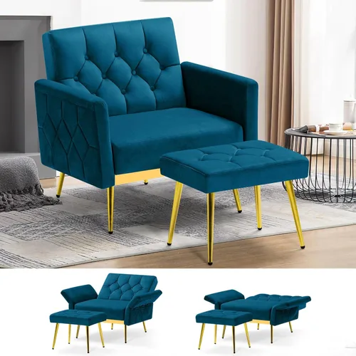 Miniatura 14 de Silla decorativa de terciopelo con reposabrazos y respaldos ajustables, sofá individual copetudo con otomana, silla de lectura tapizada para sala
