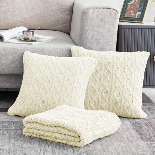 Miniatura 2 de Homiest Juego de 3 mantas y almohadas de punto trenzado, color blanco crema, manta de punto (50 x 60 pulgadas) y 2 fundas de almohada