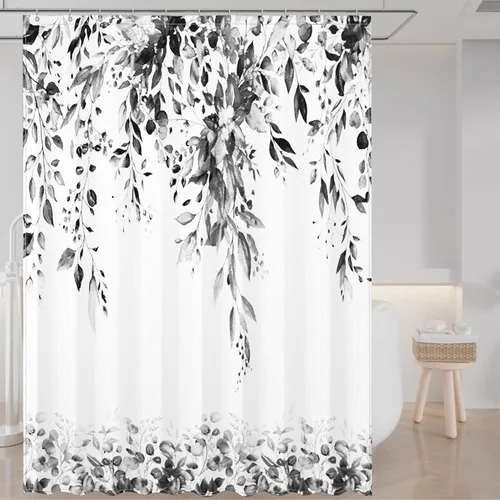 Miniatura 9 de Cortina de ducha de hojas de eucalipto negras para baño: juego de cortinas de ducha con acuarela de arte estético con ganchos, decoración de tela