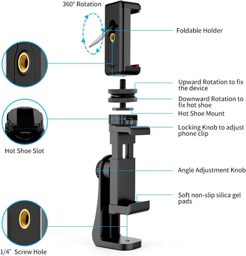 Miniatura 4 de Owine Adaptador universal de trípode para teléfono celular, abrazadera premium para smartphone, compatible con iPhone, Samsung Galaxy, Note, Lg