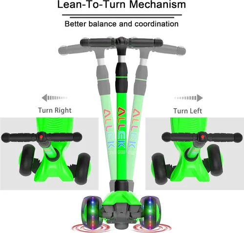 Miniatura 5 de Allek - Kick Scooter B03. Monopatín de 3 ruedas de Poliuretano iluminadas, extra anchas con sistema inclinable y deslizante (Lean 'N Glide), Verde