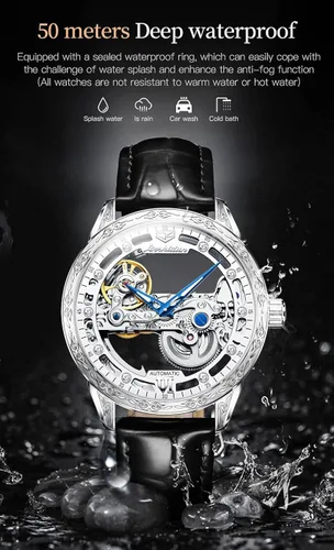 Miniatura 5 de Relojes de cuero de esqueleto para hombre, vestido de lujo automático, mecánico, automático, impermeable, luminoso, relojes de pulsera