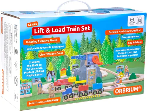 Miniatura 4 de Juego de tren de madera para niños, grúa magnética para levantar y cargar helicóptero, contenedores de envío de semirremolques, motor diésel, juego