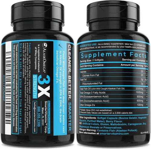 Miniatura 6 de (5 unidades) Aceite de pescado Smarter Omega 3, sabor a bayas, sin erupción, insípido, 2000 mg, potente triple fuerza DHA EPA cerebro omega-3