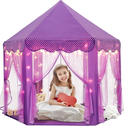 Miniatura 9 de Sumbababy - Tienda de campaña de castillo de princesa para niñas, de juego, hexagonal, azul, con luces de estrella de hadas, juguetes para niños