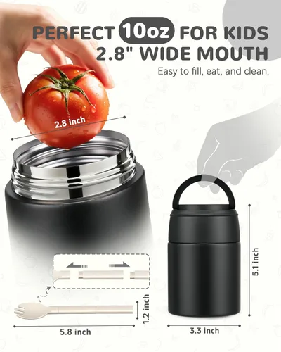 Miniatura 4 de Termo de Sopa de 10 oz para Comida Caliente para Niños, Frasco de Comida Aislado con Cuchara de Boca Ancha, Contenedor de Almuerzo de Acero Negro