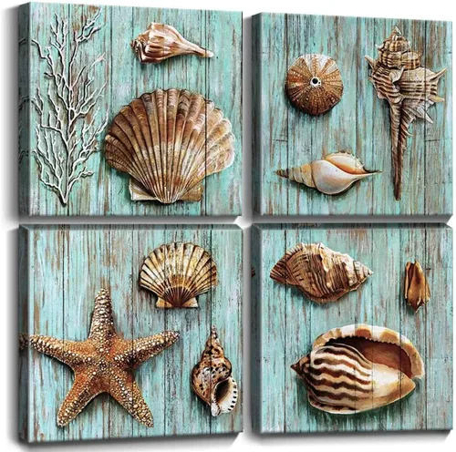 Miniatura 23 de YOOOAHU - 4 unidades de arte de pared de impresión en lienzo con diseño de océano, animales marinos, tortuga marina, caballito de mar, ballena, Verde