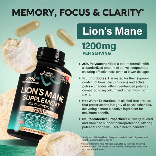 Miniatura 4 de Cápsulas de Suplemento de Melena de León - Melena de León Orgánica - Fabricado en Estados Unidos - Extracto de Cuerpos Fructíferos - 1200 mg, 25%
