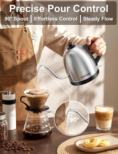 Miniatura 2 de Stariver Hervidor eléctrico de cuello de cisne, hervidor de agua de 1 litro, sin BPA, para verter sobre tetera de acero inoxidable para café y té