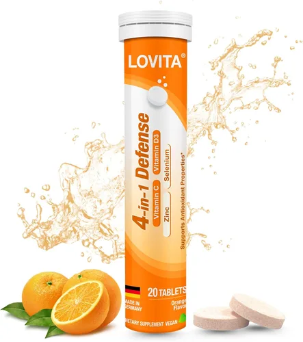 LOVITA Comprimidos efervescentes de apoyo inmunológico 4 en 1 de defensa de vitamina C, 20 unidades, VIT D3, zinc, selenio, soporte antioxidante,