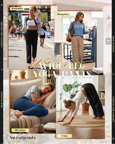 Miniatura 59 de Neer - Conjunto de 3 pantalones de yoga de pierna ancha para mujer - Pantalones deportivos cómodos, holgados, de cintura alta y casuales