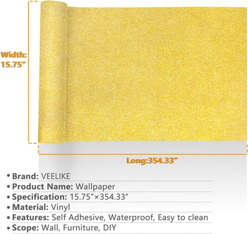 Miniatura 2 de VEELIKE Papel de contacto autoadhesivo de vinilo dorado con purpurina, papel tapiz brillante para pegar y despegar, cubierta de papel de pared