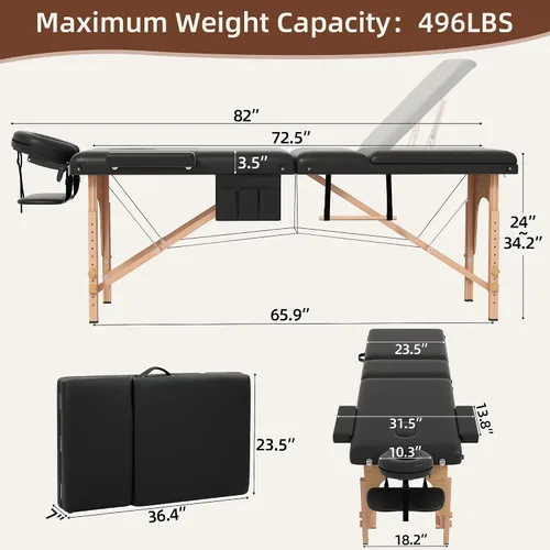 Miniatura 3 de ABET Mesa de masaje, cama plegable portátil de 3 cuerpos para extensiones de pestañas, altura ajustable, ligera, profesional, mesa de spa facial