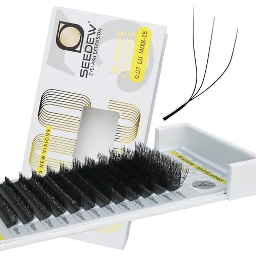 Extensiones de pestañas 3D, rizo LU/M de 0.003 in, MIX8-0.591 in, 12 filas por bandeja, tallo plano en forma de W, injerto de pestañas natural PBT
