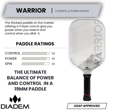 Miniatura 2 de Diadem Warrior pala de pickleball Cara de fibra de carbono, núcleo híbrido 3X de polímero de Nomex en forma de panal L-Core, superficie de pintura
