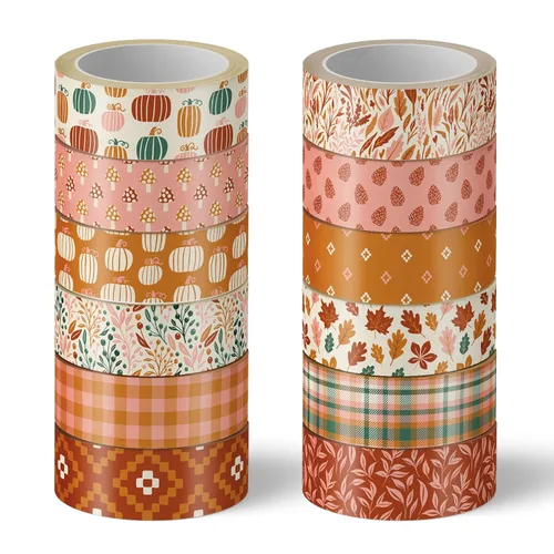 Whaline 12 rollos de cinta washi de calabaza de otoño, hojas de otoño, cinta adhesiva Washi bohemia con estampado de hojas de arce y calabaza de