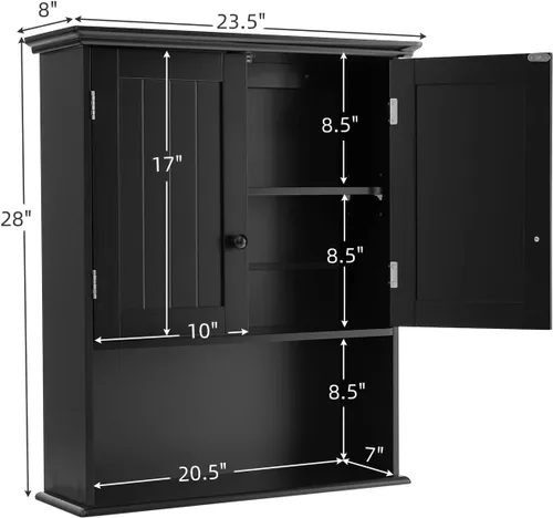 Miniatura 3 de COSTWAY Armario de baño montado en la pared, armario de almacenamiento sobre el inodoro con puertas dobles y estante ajustable, botiquín colgante