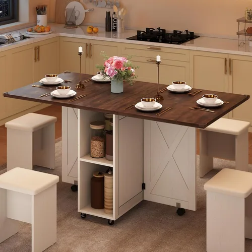 Miniatura 2 de Juego de mesa de comedor de granja de 5 piezas para 4, mesa plegable grande de 117 cm con 4 sillas de cuero, mesa de cocina plegable con ala