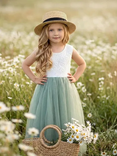 Miniatura 5 de 2Bunnies - Vestido de fiesta acampanado, con tutú de tul recto, diseño de espalda con encaje de peonías, para las niñas del cortejo nupcial