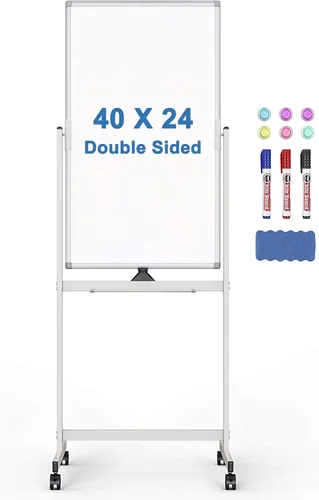 Pizarra blanca rodante, pizarra blanca móvil magnética de 40 x 24 pulgadas, pizarra de borrado en seco de doble cara con soporte, caballete de